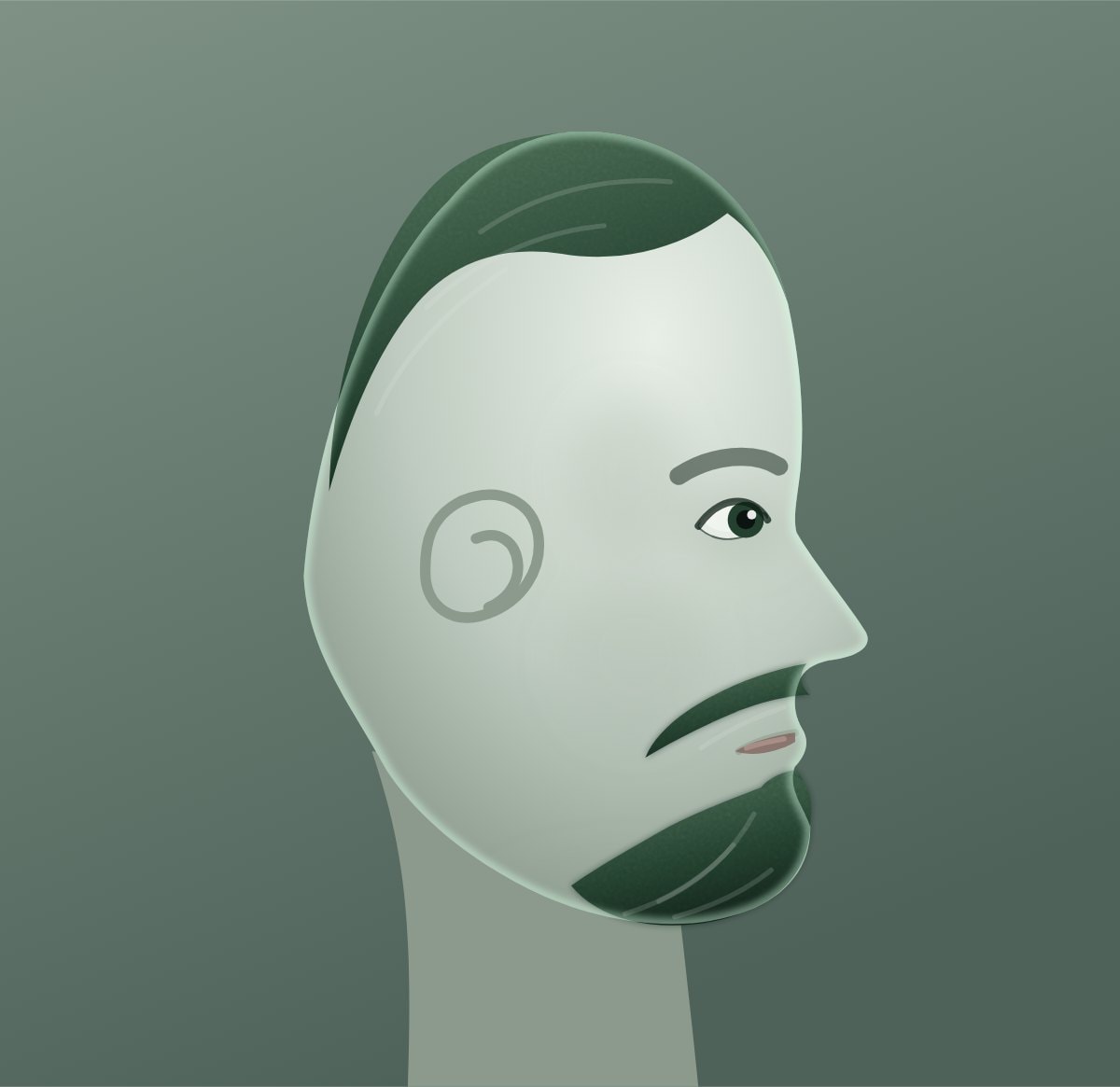 Profile diagram of a Balbo beard: the moustache stops at the corner of the mouth and the chin beard stops short of the ear, leaving no sideburn connection.