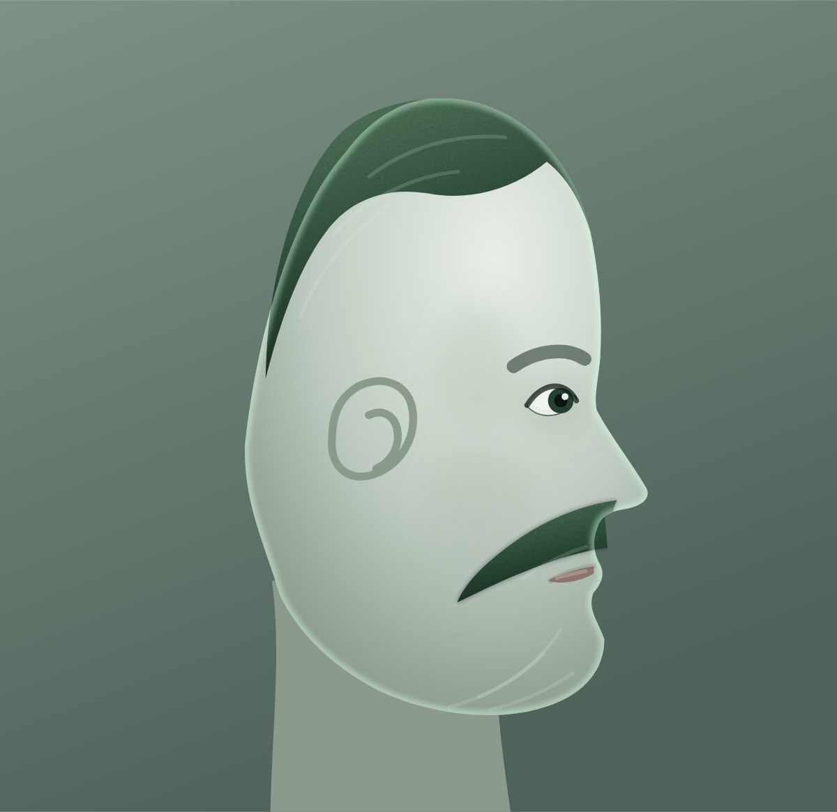 Profile diagram of the cowboy moustache style, showing how far it runs back toward the ear.