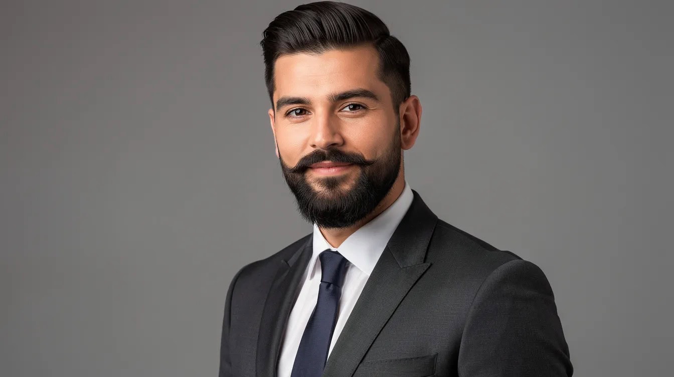 Hollywoodian beard worn with a suit, the sideburns shaved away so the beard sits below the cheekbones.