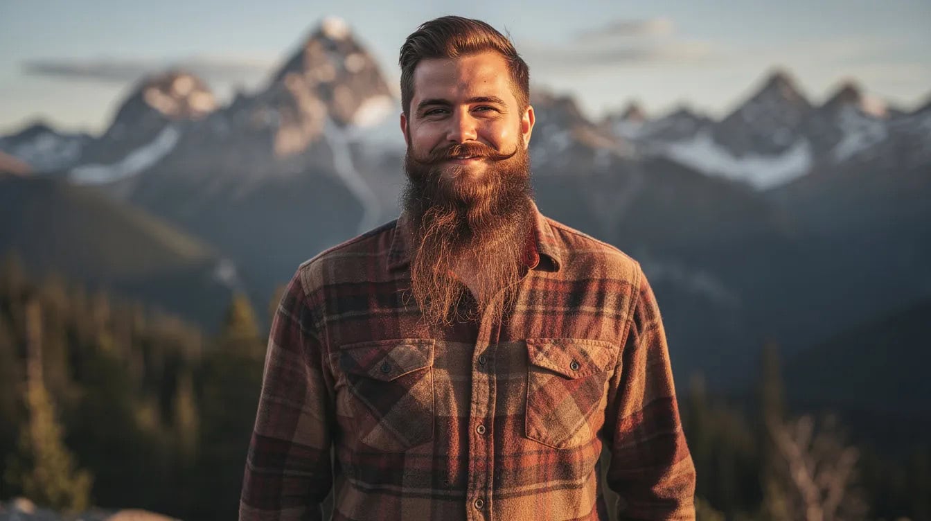Long auburn beard grown full and untrimmed at the sides, worn outdoors in a check shirt.
