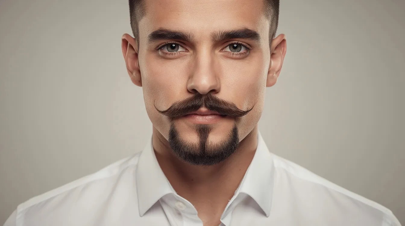 Royale beard: a moustache joined to a narrow chin strip, with the cheeks and jaw shaved clean.
