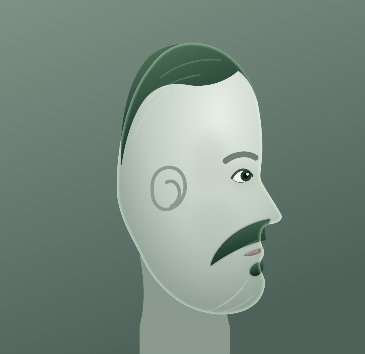 Profile diagram of the zappa moustache style, showing how far it runs back toward the ear.