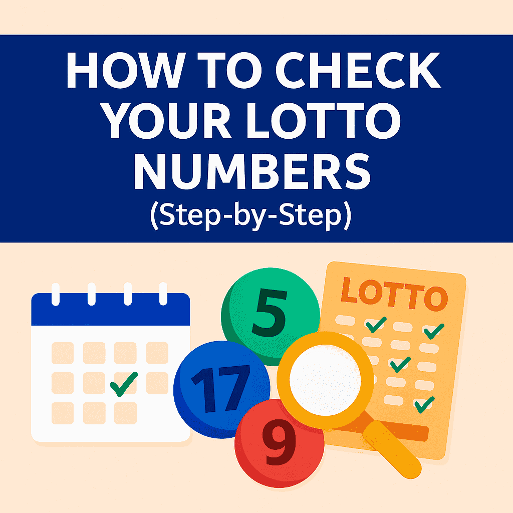 Illustration showing how to check lotto numbers in South Africa- includes calendar, lotto balls, magnifying glass, and results slip.