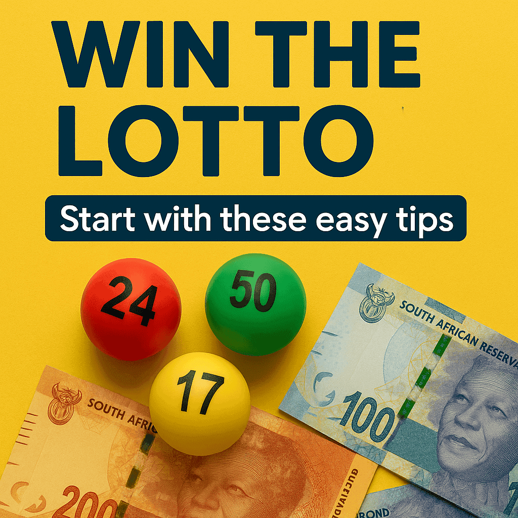 How to Win the Lotto in South Africa. Win the Lotto graphic with South African money and lotto balls numbered 24, 50, and 17