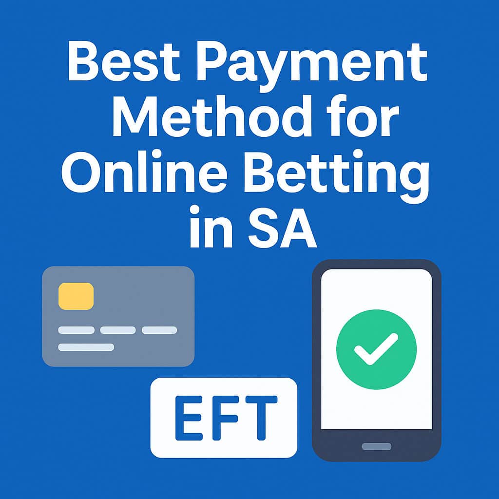 Best payment method for online betting in SA β digital illustration showing a bank card, EFT button, and smartphone with checkmark on a blue background.
