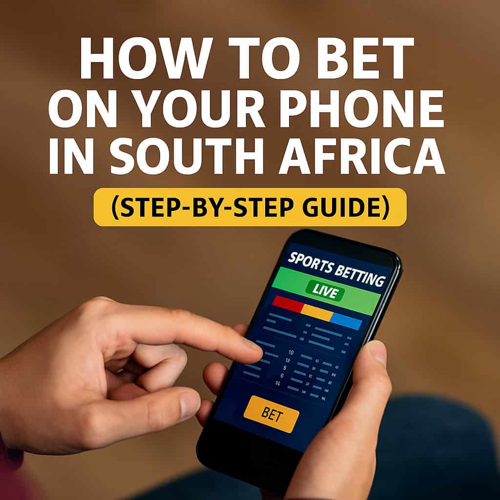 South African man using a smartphone to place a bet on a mobile sports betting app, with odds and match info displayed on screen. With text reading how to bet on your phone in South Africa.
