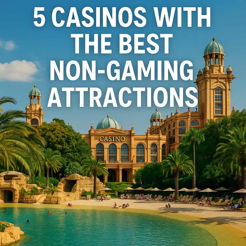 A scenic South African casino resort at sunset with a pool, waterpark, and entertainment area, representing best non-gaming casinos South Africa.