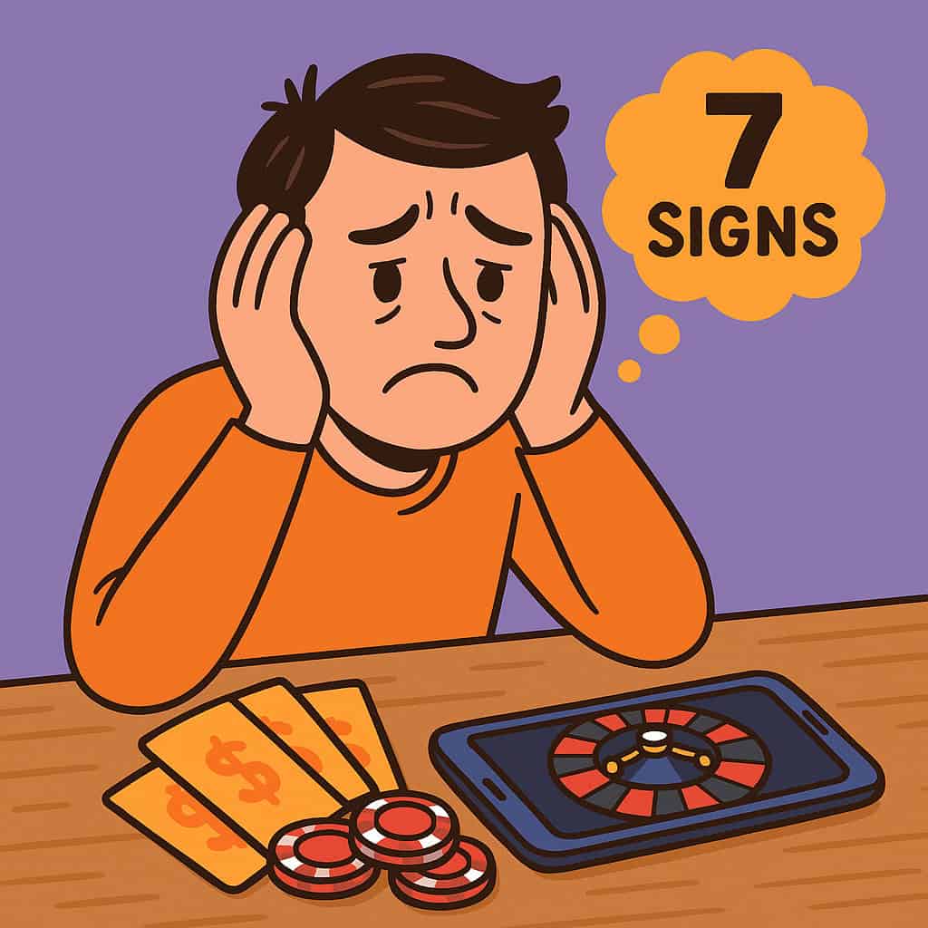 Illustration of a concerned gambler showing signs of gambling too much