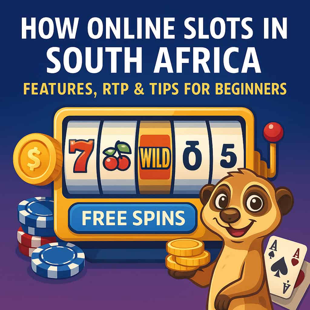 Illustration showing how online slots work in South Africa with spinning reels, bonus symbols, and a colorful game interface on a screen
