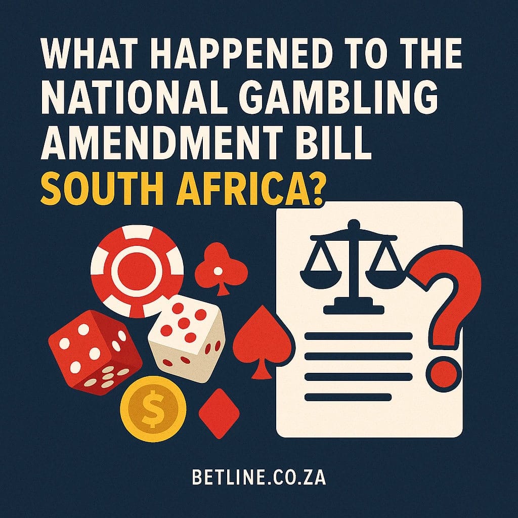 Illustration questioning the status of the National Gambling Amendment Bill South Africa, featuring legal symbols, casino game icons, and a bold question mark.