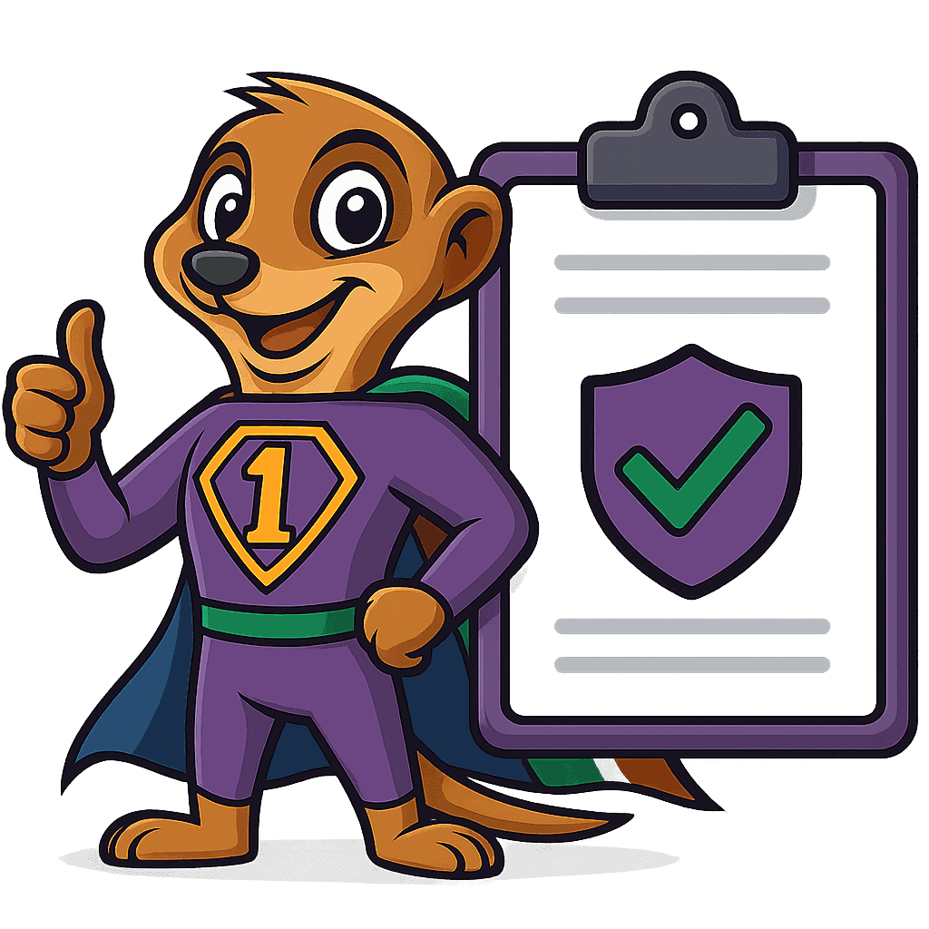 betline-lucky-legal-licencing-cat-south-africa Lucky the meerkat giving a thumbs up in front of a checklist icon, representing trust and verified legal betting sites South Africa