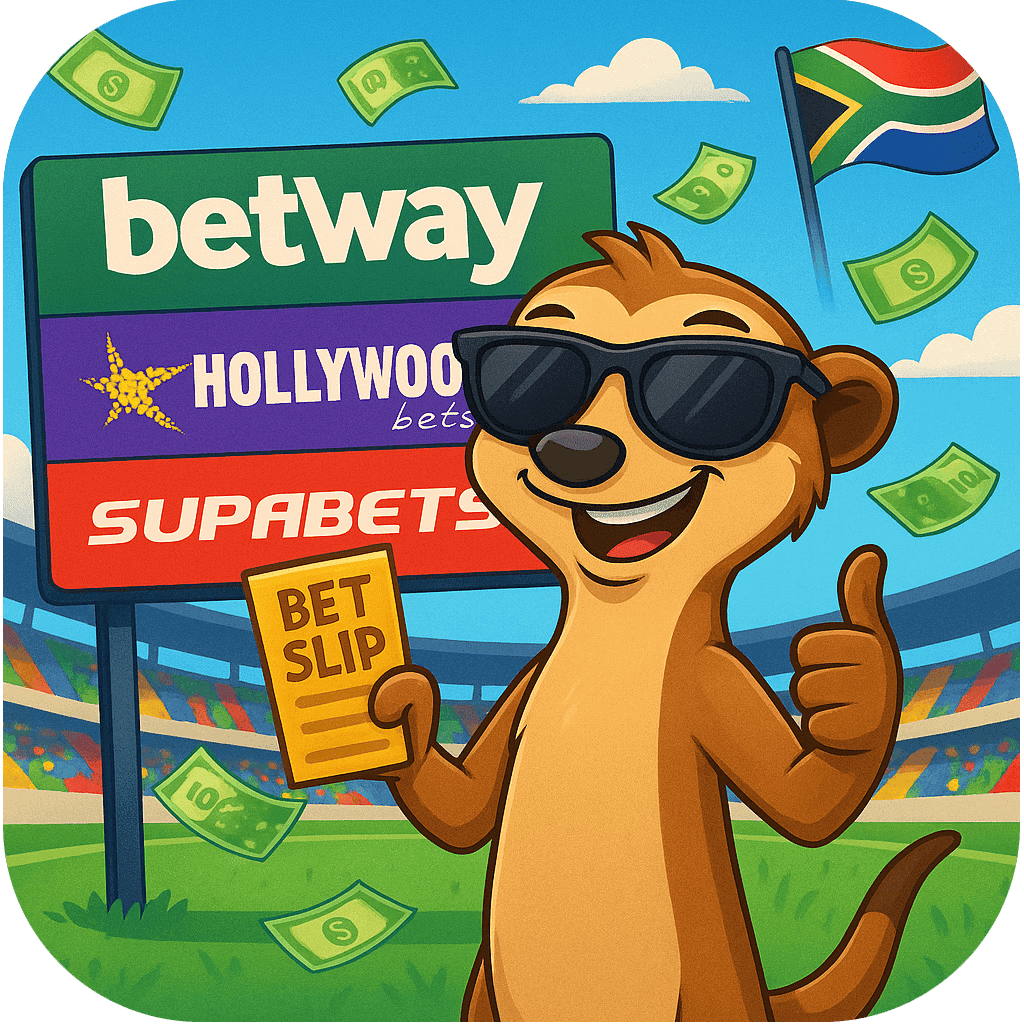betline-lucky-mascot-betting-sites-cat-za Lucky the meerkat holding a bet slip in front of Betway, Hollywoodbets, and Supabets signs, representing betting sites South Africa