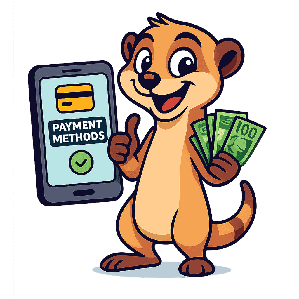 betline-lucky-payment-methods-sa Lucky the Meerkat holding cash bills with a mobile phone behind him with the words payment methods on the screen