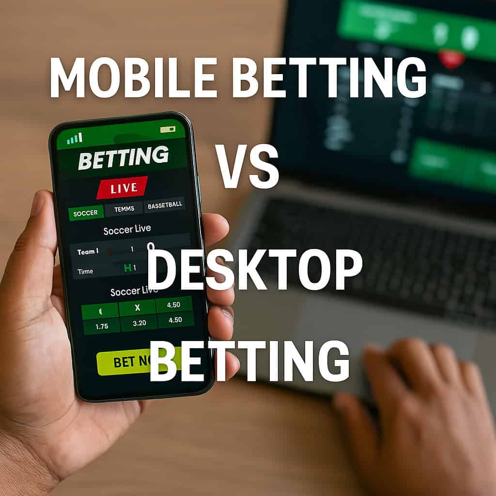 Mobile betting vs desktop betting shown side by side with a smartphone in one hand and a laptop in the background, highlighting app and website features.