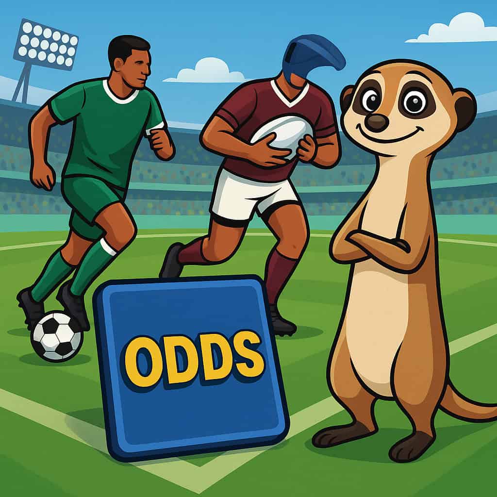 Illustration showing what odds are and how to understand them, featuring Lucky the meerkat with soccer and rugby players on a sports field next to an "ODDS" sign.