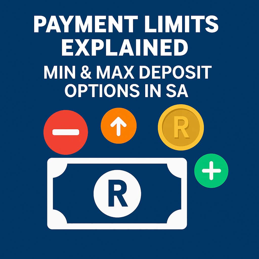 Infographic explaining payment limits for online betting in South Africa, showing minimum and maximum deposit options with Rand symbols.