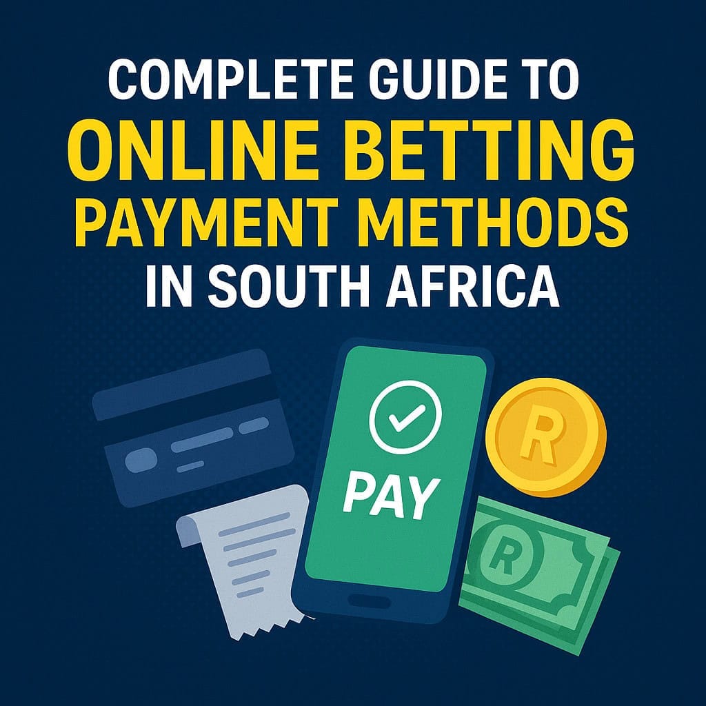 Illustration showing various online betting payment methods including a smartphone with a βPayβ button, credit card, receipt, South African Rand coin, and cash, representing financial options for South African bettors.