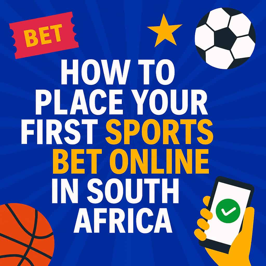 Colorful graphic showing how to place a sports bet online in South Africa, with bold text and sports-themed icons for South African bettors
