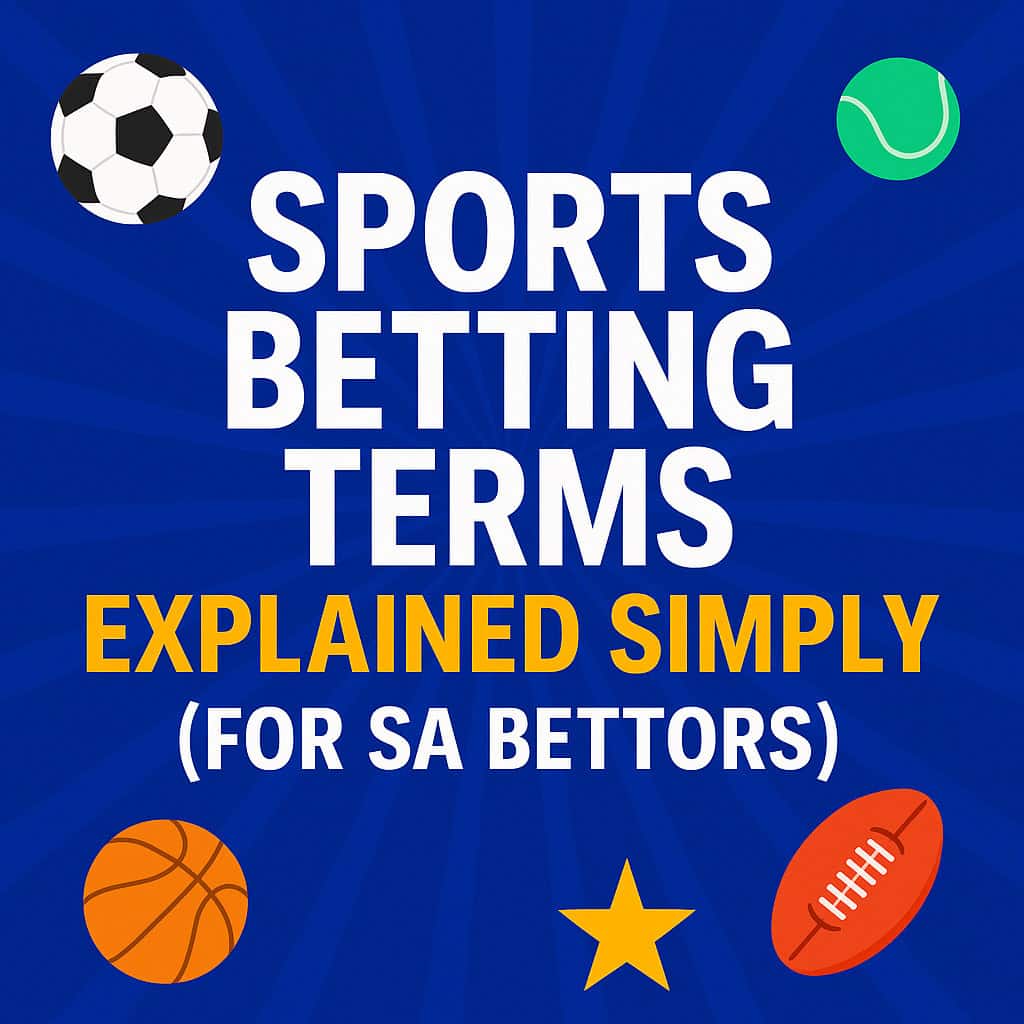 Creative digital illustration showing key sports betting terms South Africa, with bold text, betting icons, and a colourful design for local bettors