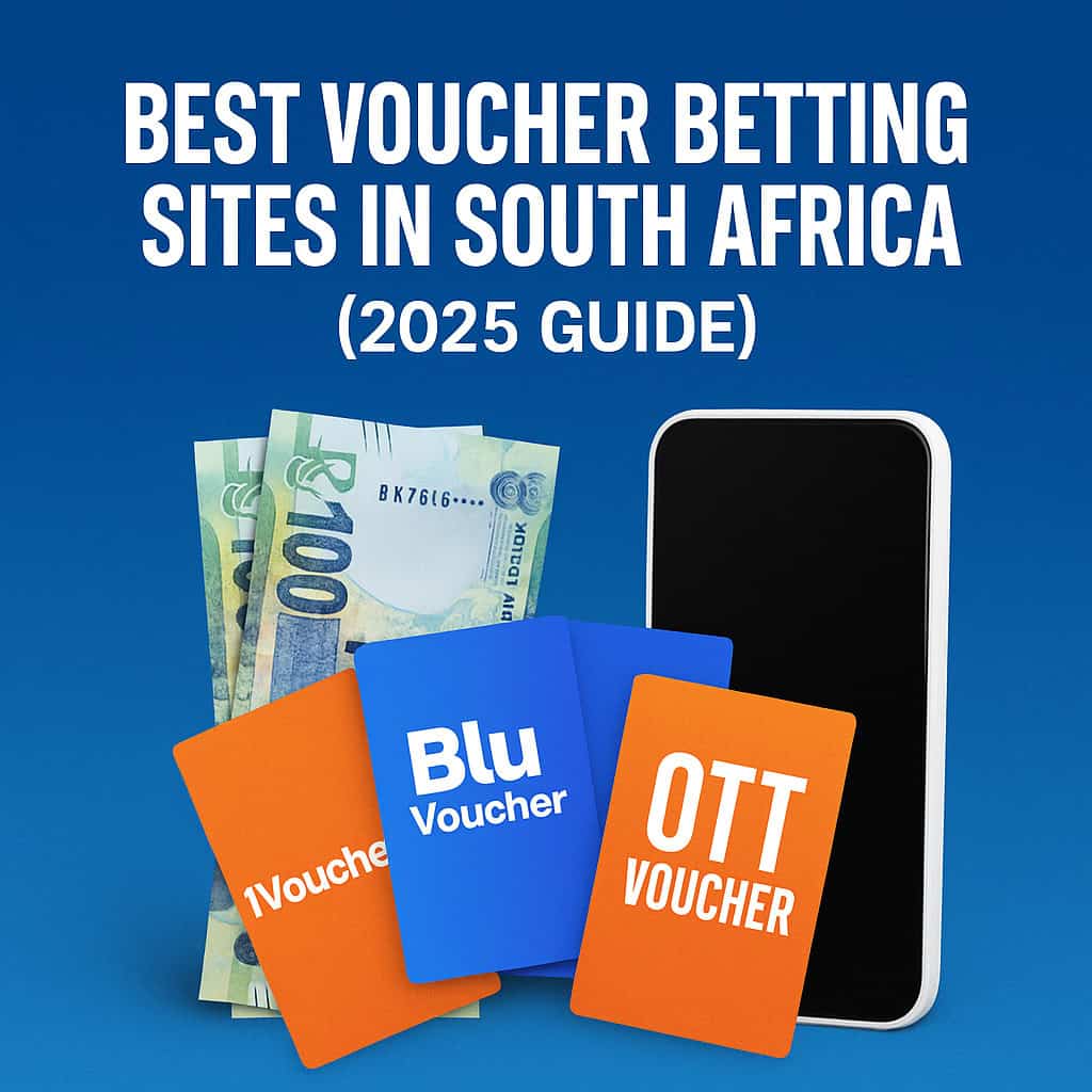 Promotional image showing voucher cards and South African Rand notes with a smartphone, promoting the best voucher betting sites in South Africa (2025 Guide).