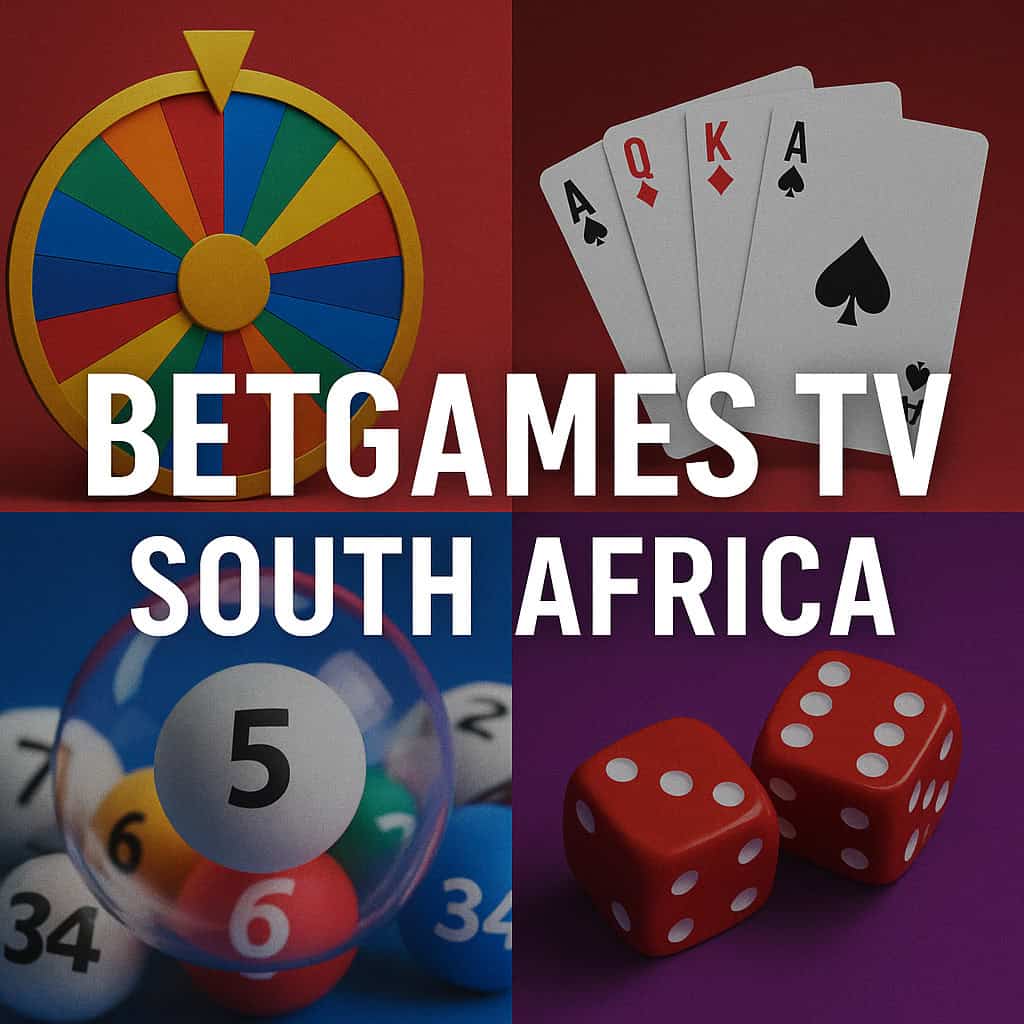 BetGames TV South Africa featured image showing live dealer games, lottery balls, playing cards, dice, and a spinning wheel in a colourful square design