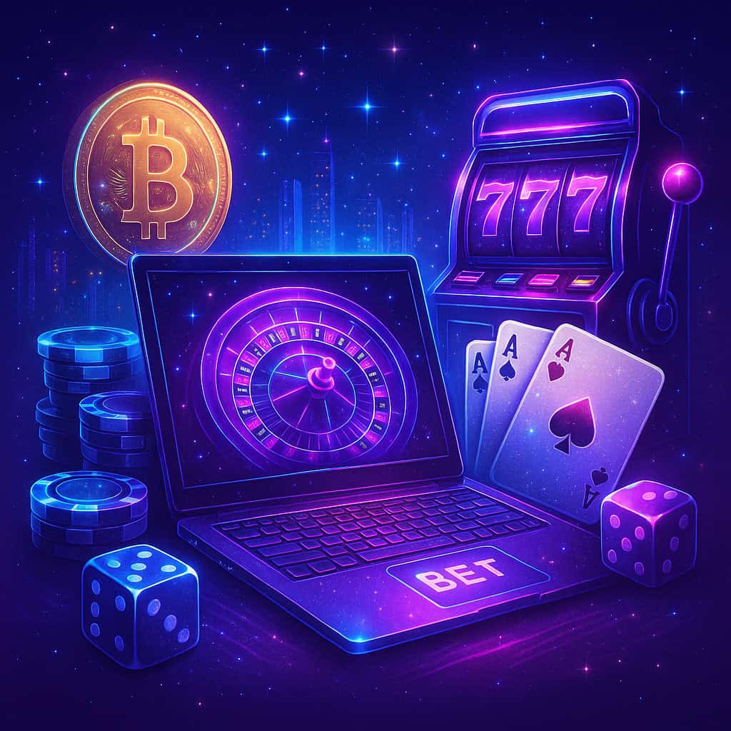 Future of online betting in South Africa shown as a futuristic gambling scene with neon slot machine, roulette wheel on a laptop, Bitcoin coin, casino chips, dice, and playing cards glowing in purple and blue.