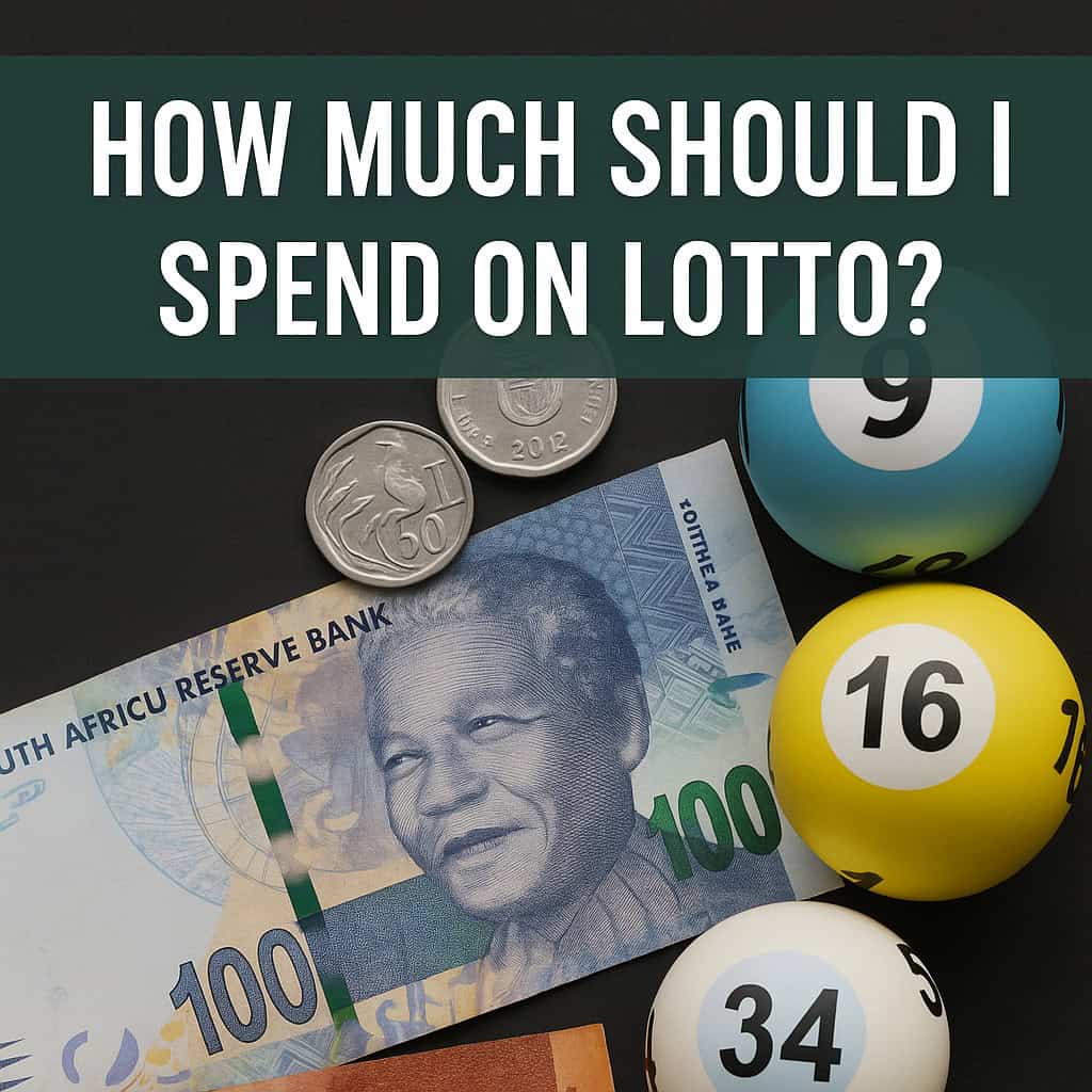 How much should I spend on Lotto β South African banknotes, coins, and Lotto balls with bold title overlay