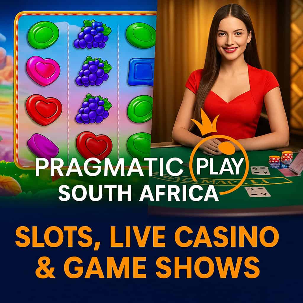 Pragmatic Play South Africa promotional image showing colourful slot reels, a smiling live casino dealer, and bold text reading Slots, Live Casino & Game Shows.