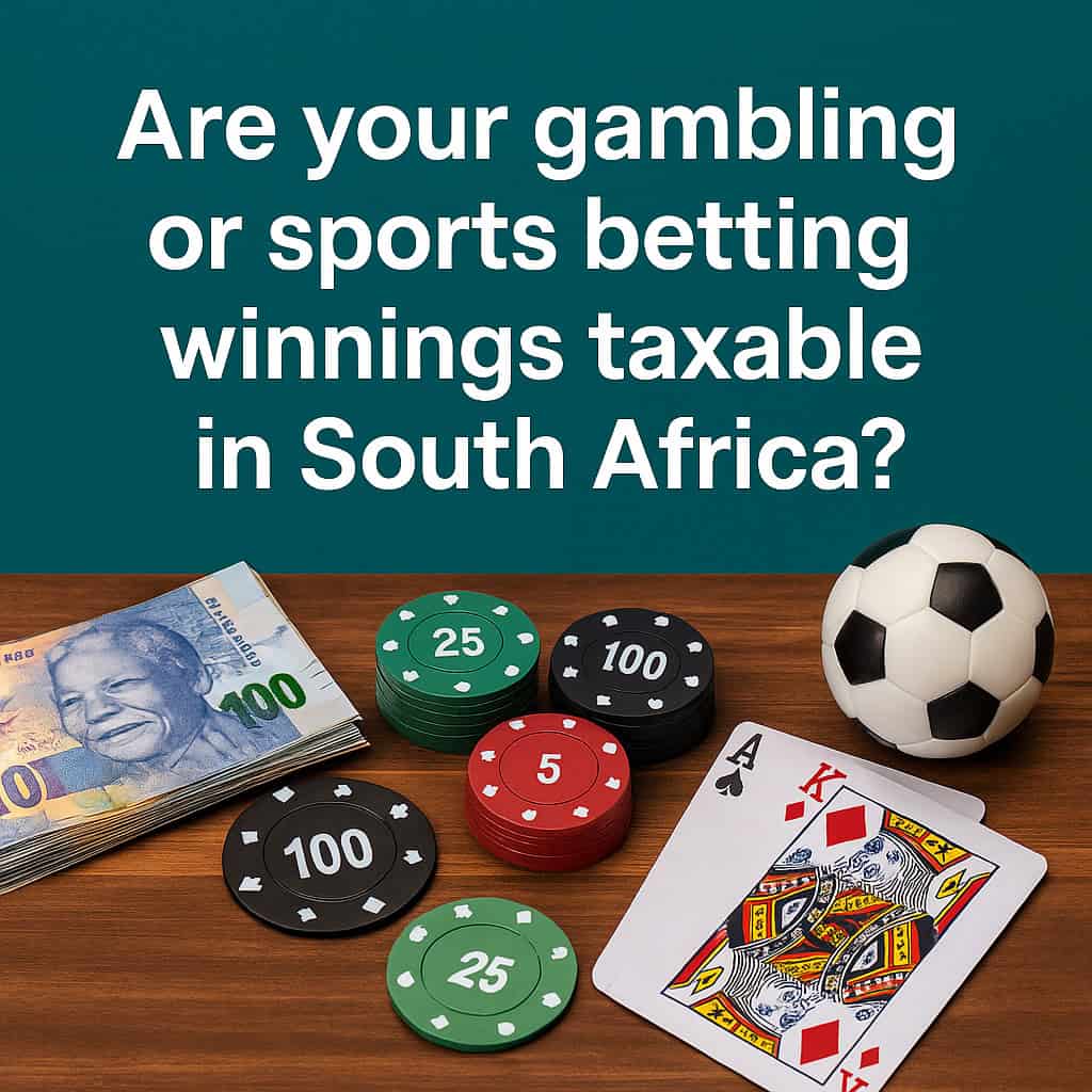 Tax on betting winnings South Africa illustrated with cash, phone screen, and SARS tax document