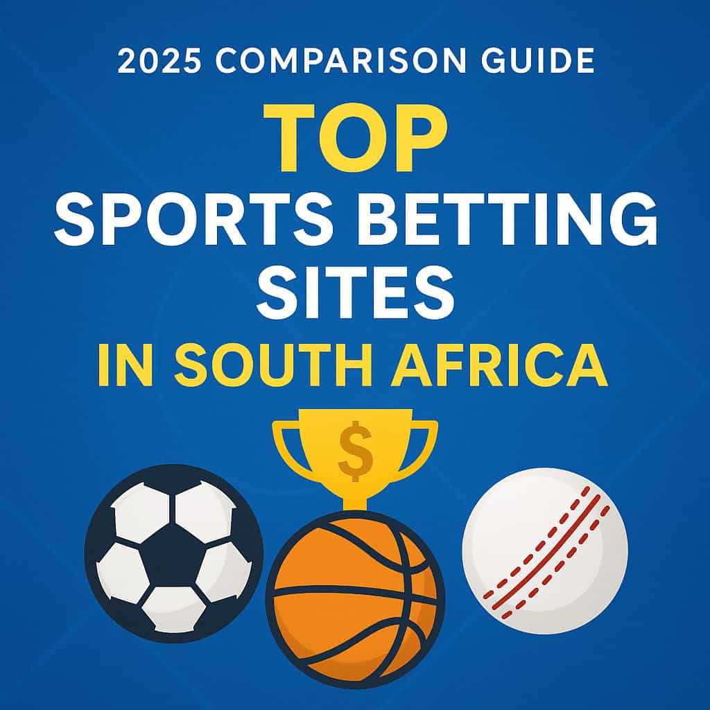 Top sports betting sites in South Africa 2025 comparison graphic with soccer, basketball, and cricket icons