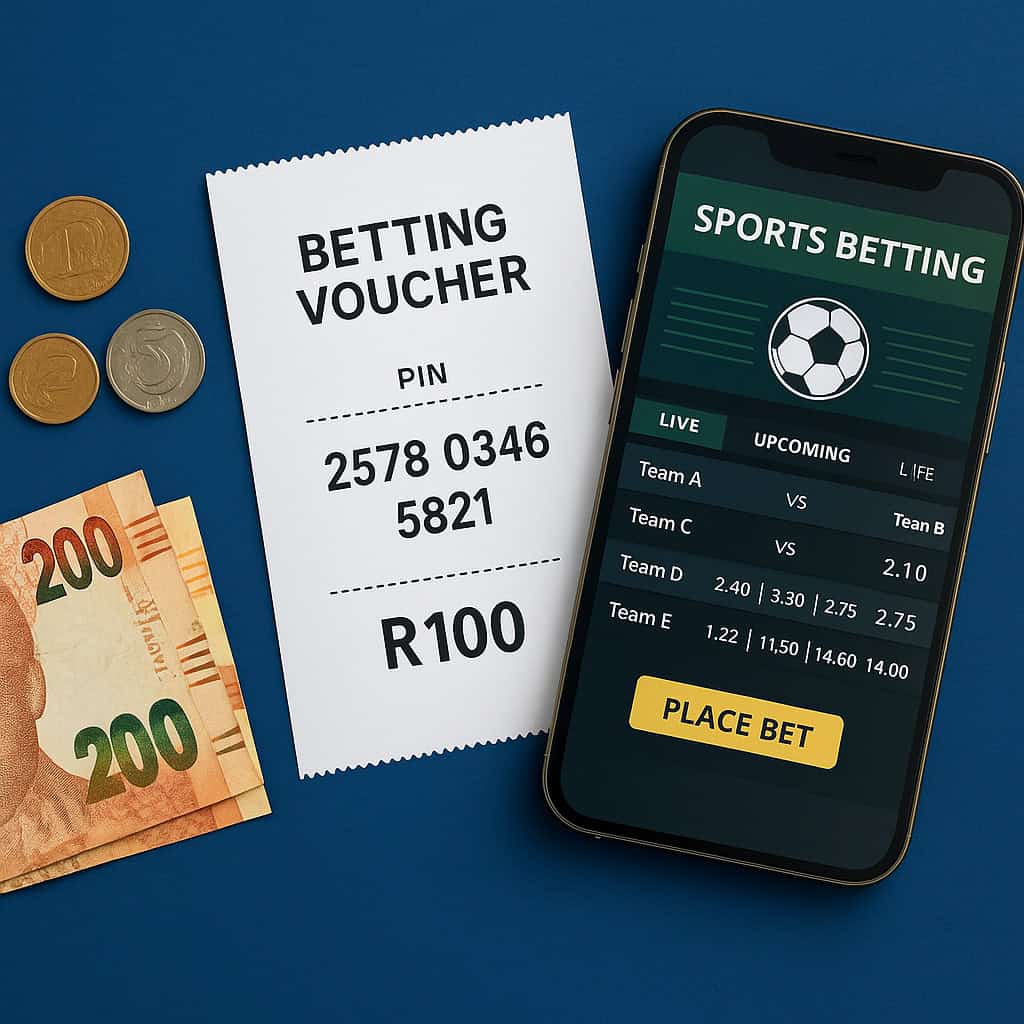 betting vouchers South Africa showing R100 voucher slip, Rand notes, coins, and smartphone betting app