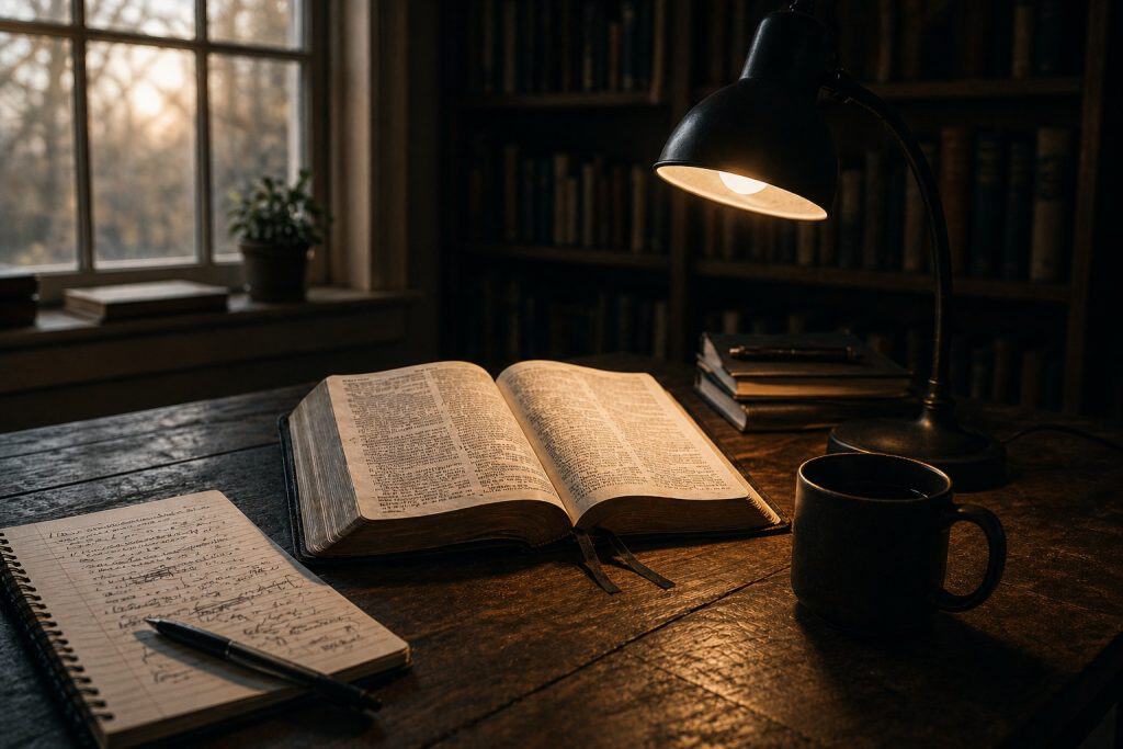 Open book on a wooden table with a desk lamp and notebook in a warm, dimly lit room.