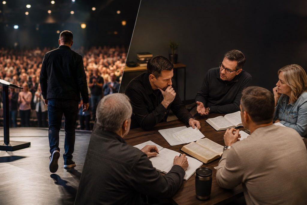 Preacher walking on stage during a conference with an audience in the background.