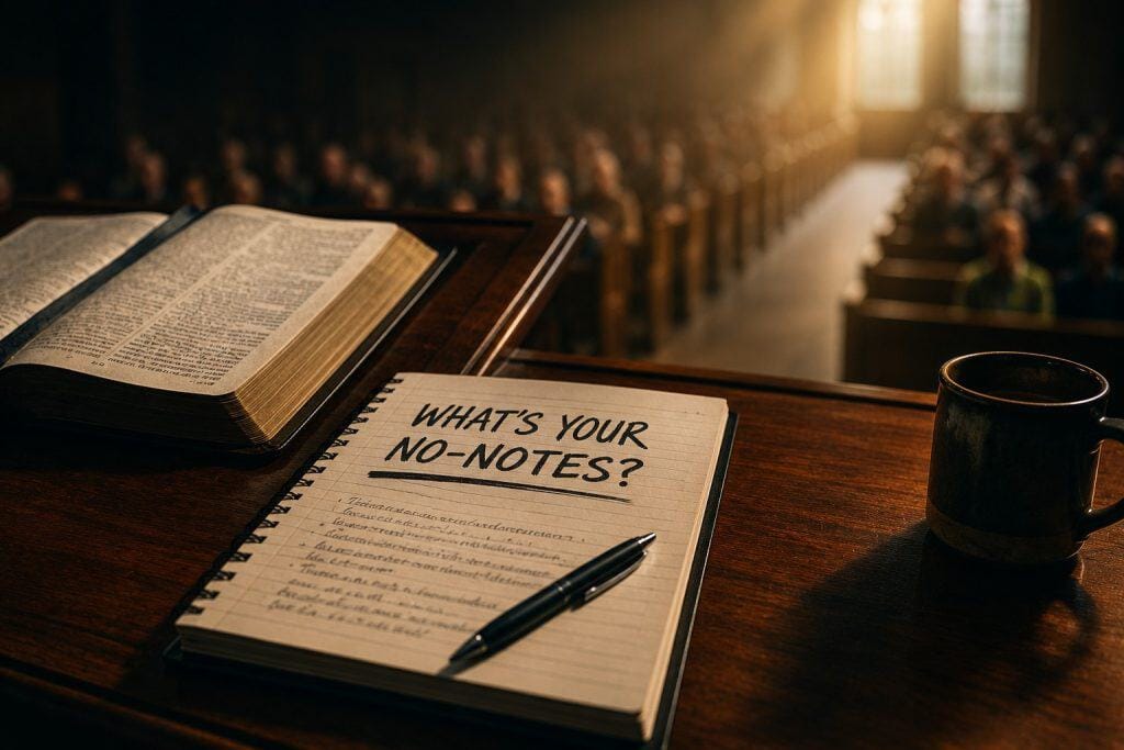Open notebook with 'What's Your No-Notes?' question in a church setting.