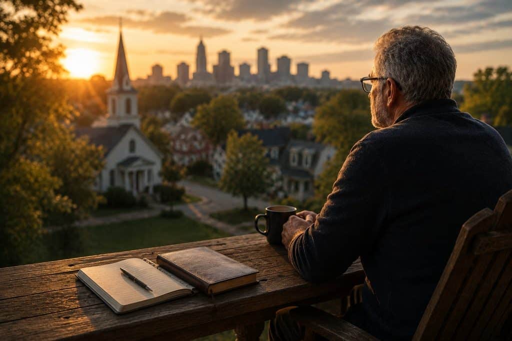 Man with glasses sitting on a porch with a coffee mug, overlooking city skyline at sunset.