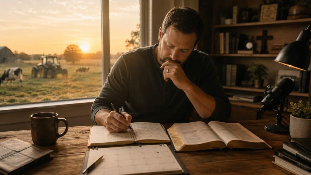 Preacher reading and studying with open Bible at sunset.