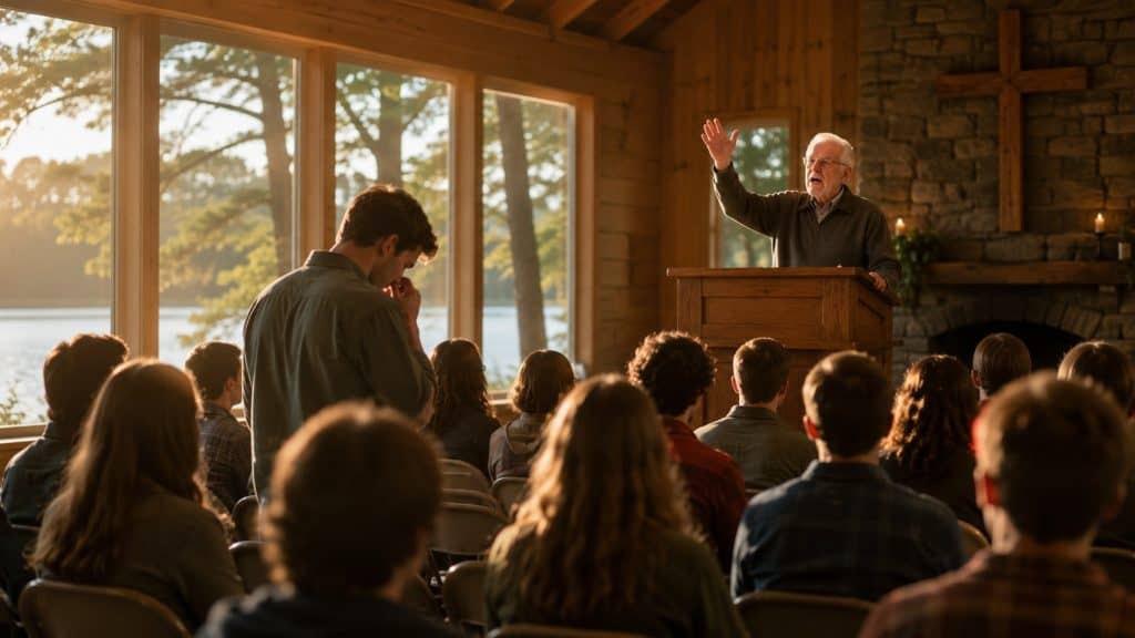 Speaker addressing audience in a cozy wooden room with large windows.