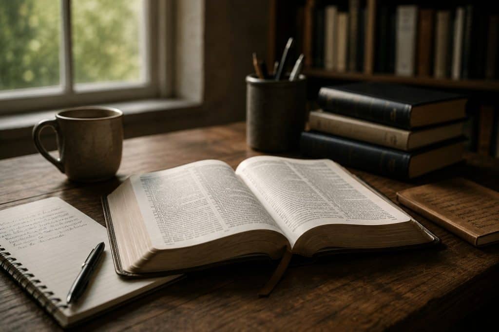 Open Bible, notebooks, and books on a wooden desk by a window.