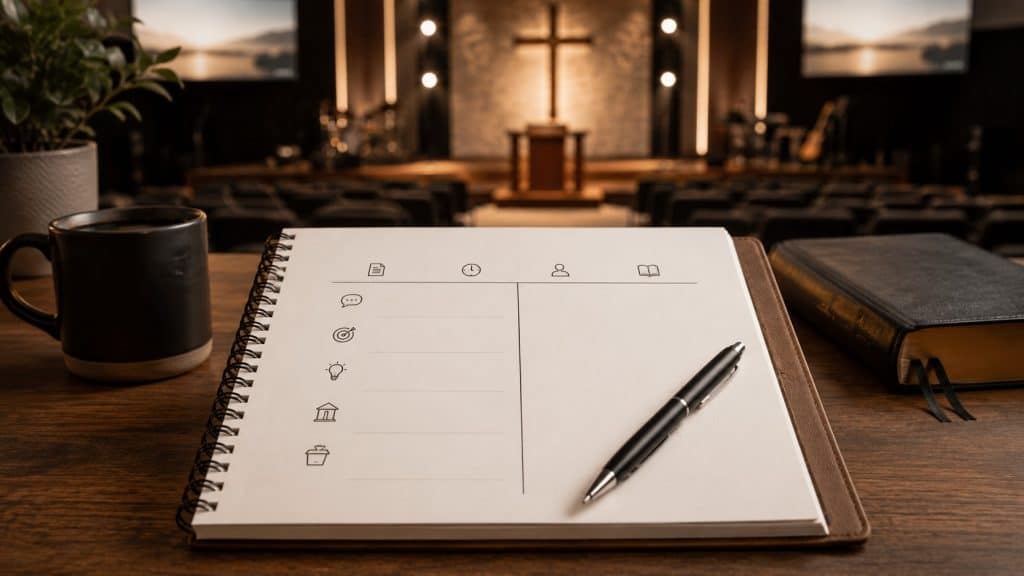 Notebook with icons and pen on wooden table in church interior.