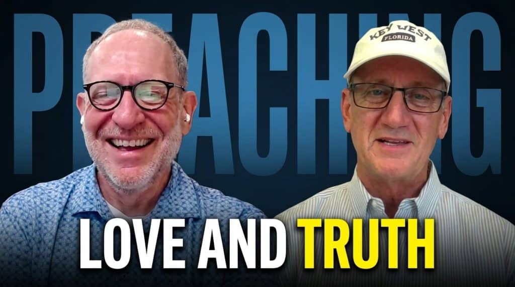 Two men smiling, discussing love and truth in preaching, with a blue background and podcast branding.