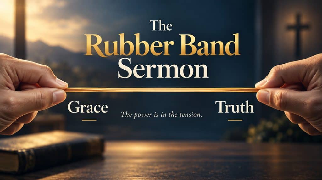 Rubber band stretching between hands symbolizing tension and truth in preaching.