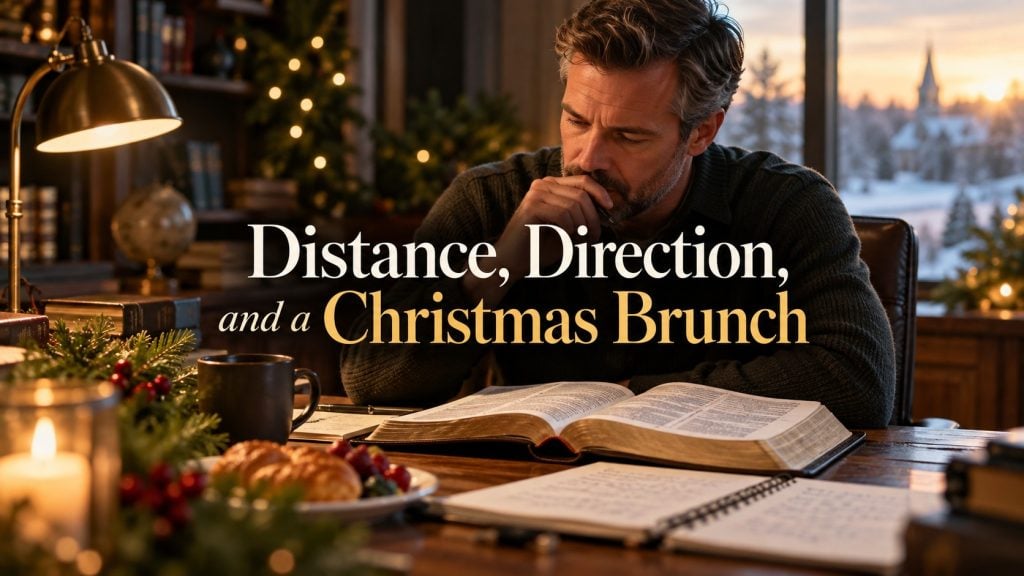 Man reading a book during Christmas brunch with festive decorations and city view.