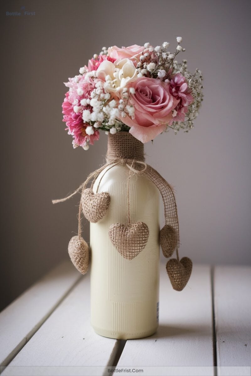 Adding Burlap Hearts for Romantic Wine Bottle Themes