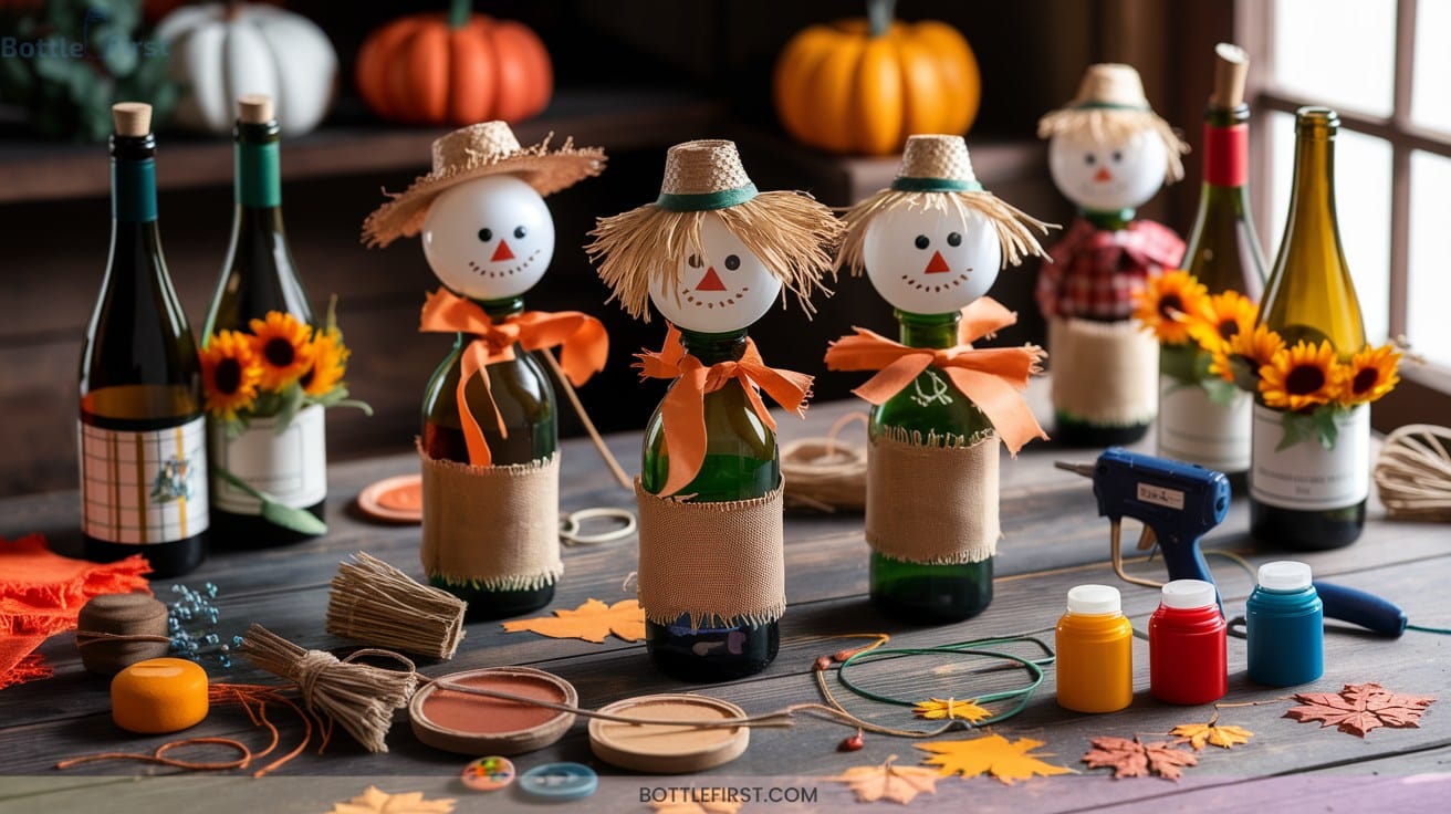 Charming Scarecrow Wine Bottle Crafts DIY for Harvest Season