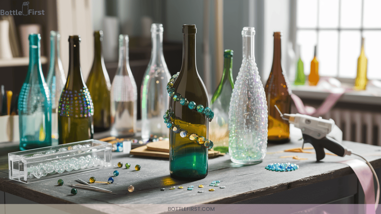 Sparkling Wine Bottle Crafts with Glass Gems Glamorous Centerpiece Ideas