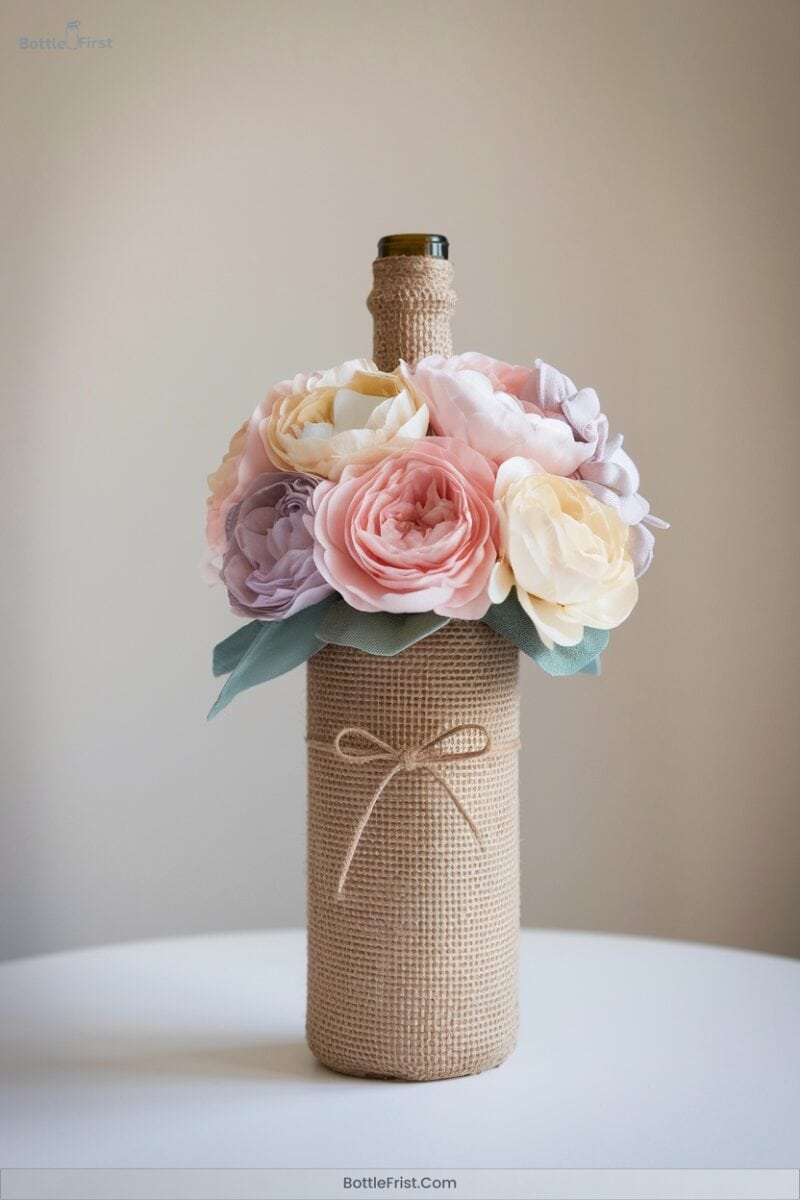 Upcycling With Burlap and Silk Flowers for Wine Bottles