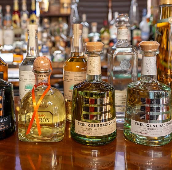 Tequila bottles displayed at Casa Tequila Mexican Grill & Cantina.