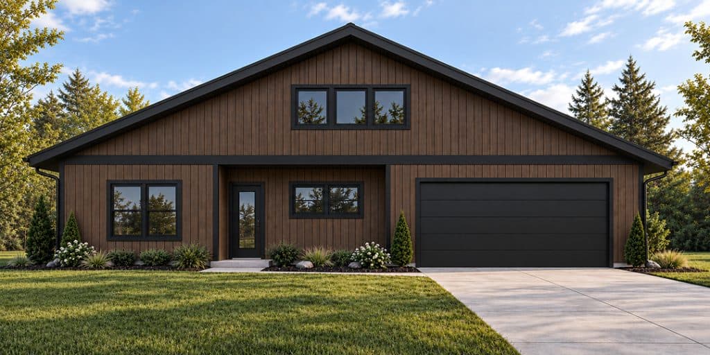 Modern brown house with black garage door and large windows in a green yard.