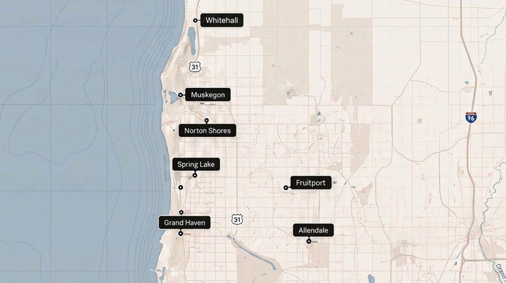 Map showing locations in Muskegon County, Michigan including Whitehall, Muskegon, Norton Shores, and.