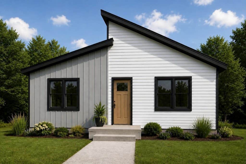 Modern two-tone house with black-framed windows and a wooden door.